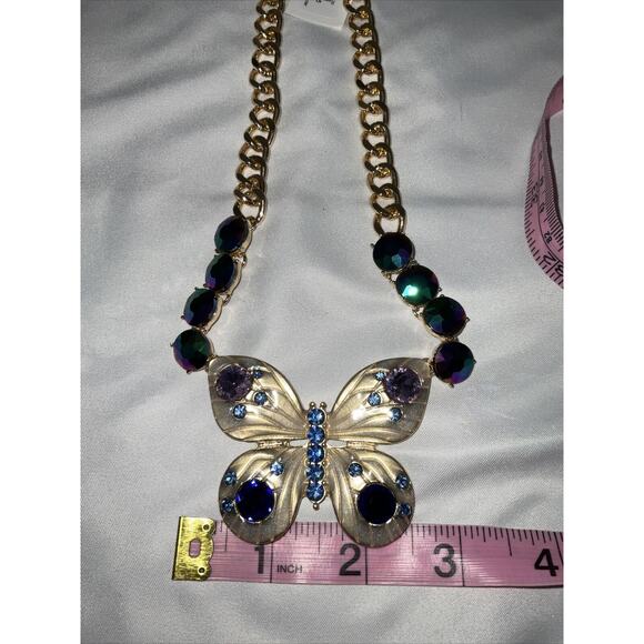 Betsey Johnson Gold Tone Blue/Purple & Iridescent Rhinestone Butterfly Necklace - Picture 7 of 8